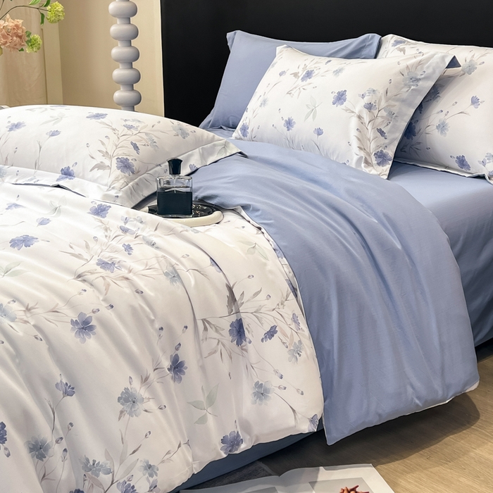 91家纺网 家纺一手货源 找家纺 繁花家居 2026凉感云丝棉高克重冰感天丝绵四件套 一抹幽蓝