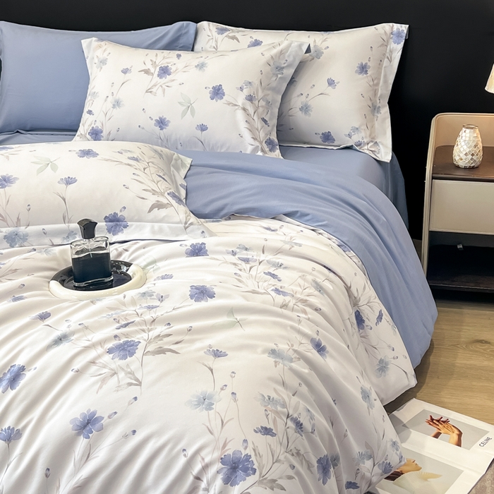 91家纺网 家纺一手货源 找家纺 繁花家居 2026凉感云丝棉高克重冰感天丝绵四件套 一抹幽蓝