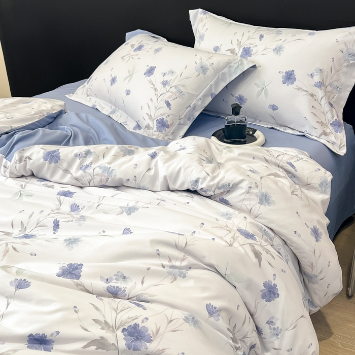 91家纺网 家纺一手货源 找家纺 繁花家居 2026凉感云丝棉高克重冰感天丝绵四件套 一抹幽蓝