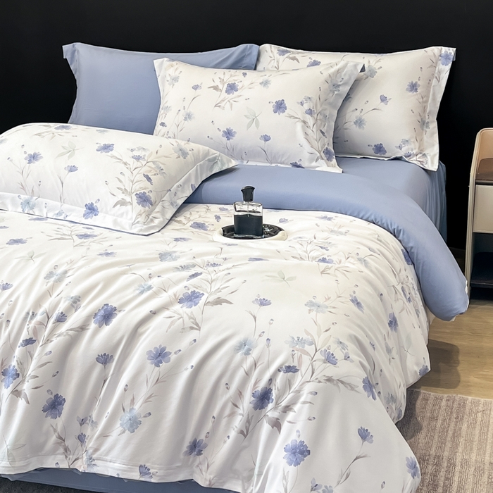 91家纺网 家纺一手货源 找家纺 繁花家居 2026凉感云丝棉高克重冰感天丝绵四件套 一抹幽蓝