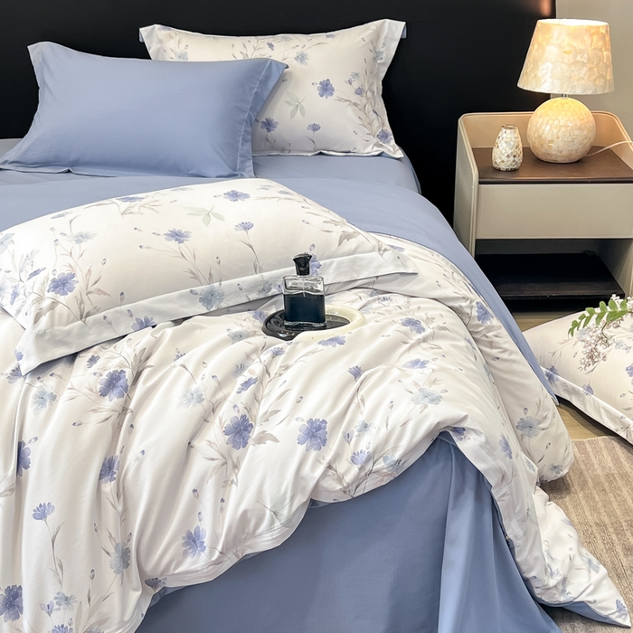 91家纺网 家纺一手货源 找家纺 繁花家居 2026凉感云丝棉高克重冰感天丝绵四件套 一抹幽蓝