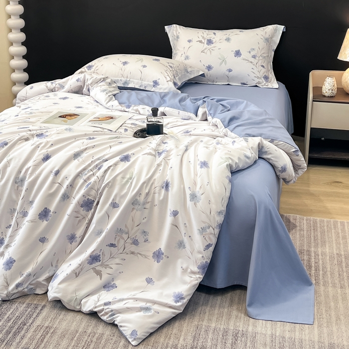 91家纺网 家纺一手货源 找家纺 繁花家居 2026凉感云丝棉高克重冰感天丝绵四件套 一抹幽蓝