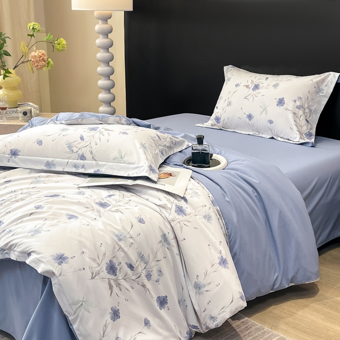 91家纺网 家纺一手货源 找家纺 繁花家居 2026凉感云丝棉高克重冰感天丝绵四件套 一抹幽蓝