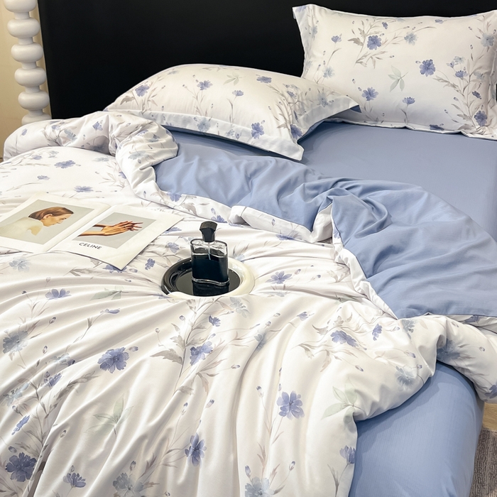 91家纺网 家纺一手货源 找家纺 繁花家居 2026凉感云丝棉高克重冰感天丝绵四件套 一抹幽蓝