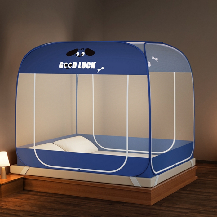 91家纺网 家纺一手货源 找家纺 青竹苑 2026新款免安装大顶魔术蚊帐三开门布三角款 小蓝狗