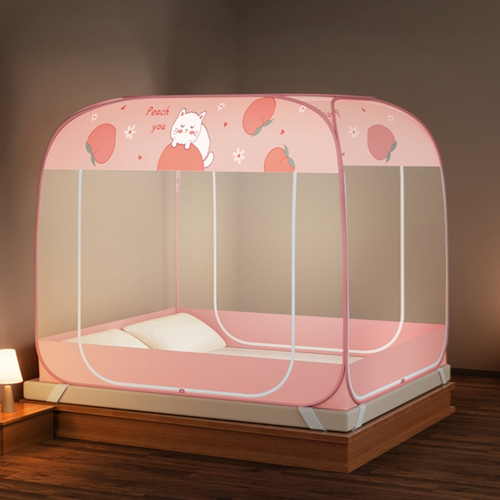 青竹苑 2026新款免安装大顶魔术蚊帐三开门布三角款 蜜桃猫