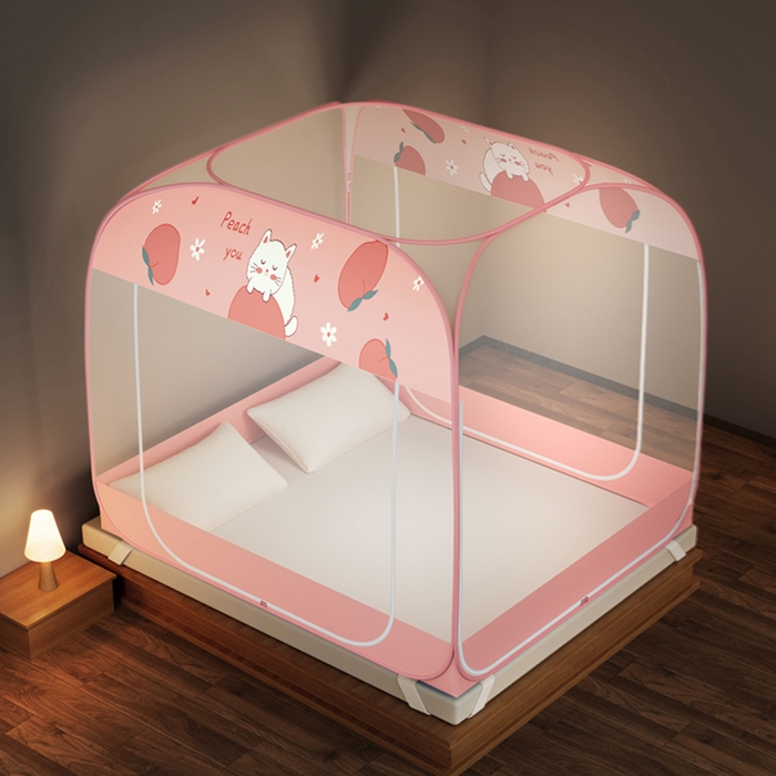 91家纺网 家纺一手货源 找家纺 青竹苑 2026新款免安装大顶魔术蚊帐三开门布三角款 蜜桃猫