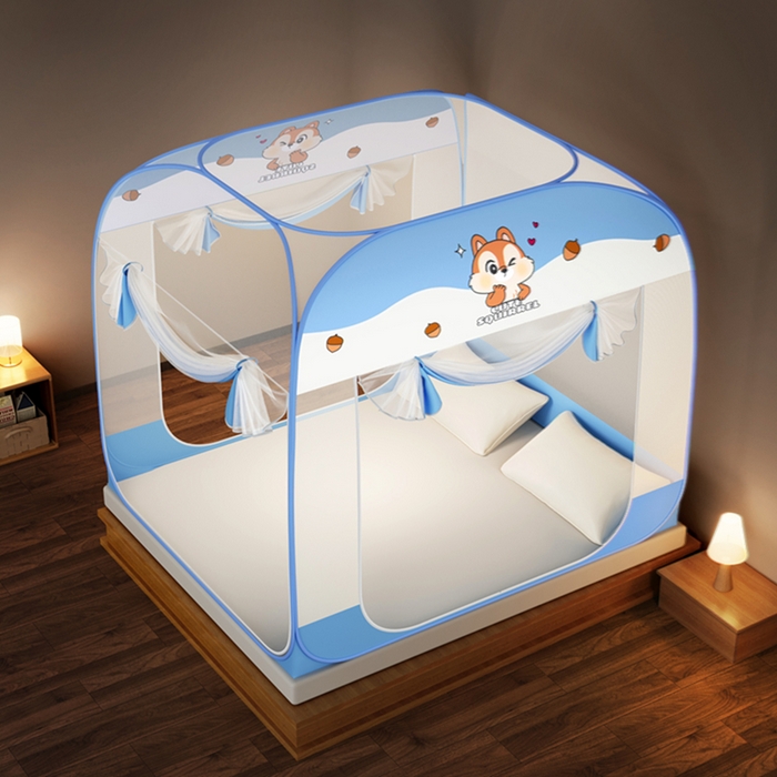 91家纺网 家纺一手货源 找家纺 青竹苑 2026新款免安装大顶魔术蚊帐三开门布三角款 松果蓝