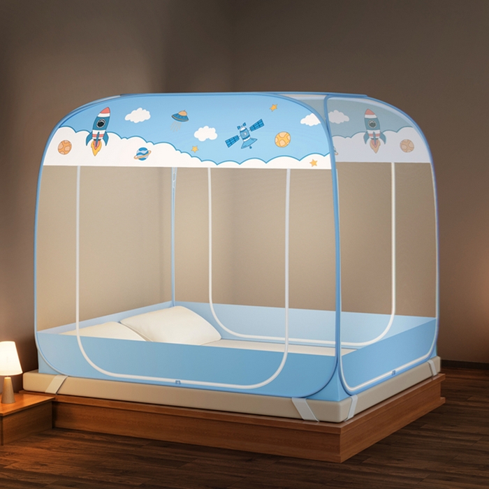 青竹苑 2026新款免安装大顶魔术蚊帐三开门布三角款 太空蓝