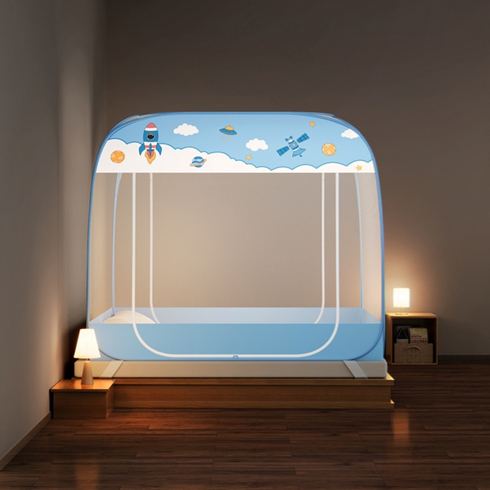 91家纺网 家纺一手货源 找家纺 青竹苑 2026新款免安装大顶魔术蚊帐三开门布三角款 太空蓝