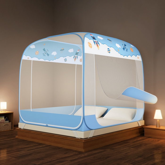 91家纺网 家纺一手货源 找家纺 青竹苑 2026新款免安装大顶魔术蚊帐三开门布三角款 太空蓝