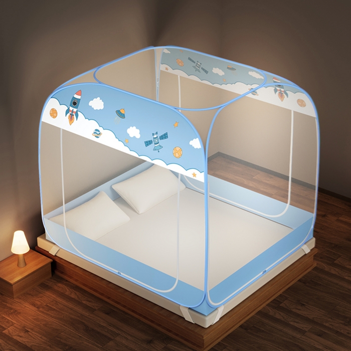 91家纺网 家纺一手货源 找家纺 青竹苑 2026新款免安装大顶魔术蚊帐三开门布三角款 太空蓝