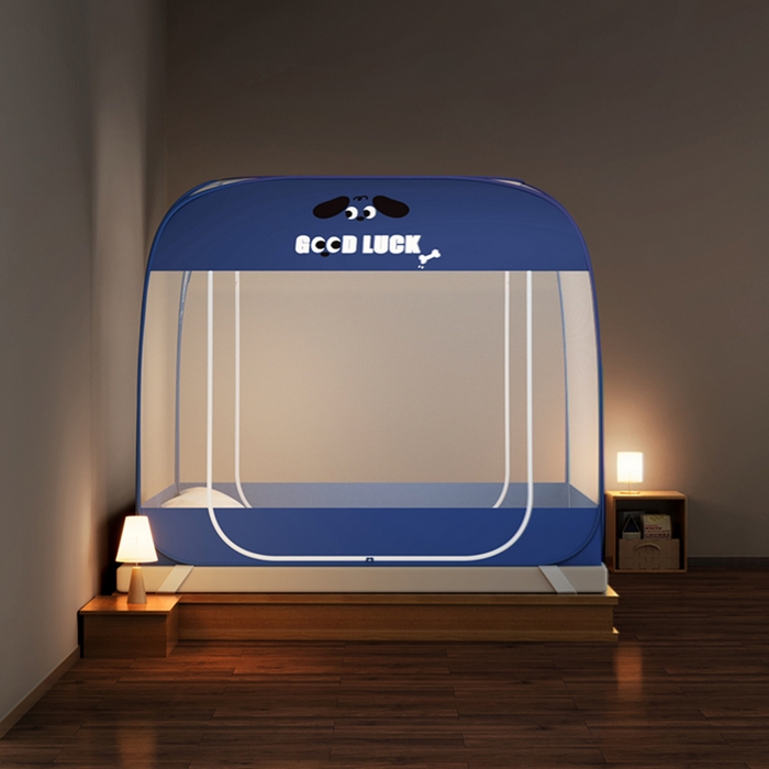 91家纺网 家纺一手货源 找家纺 青竹苑 2026新款免安装大顶魔术蚊帐三开门布三角款 小蓝狗