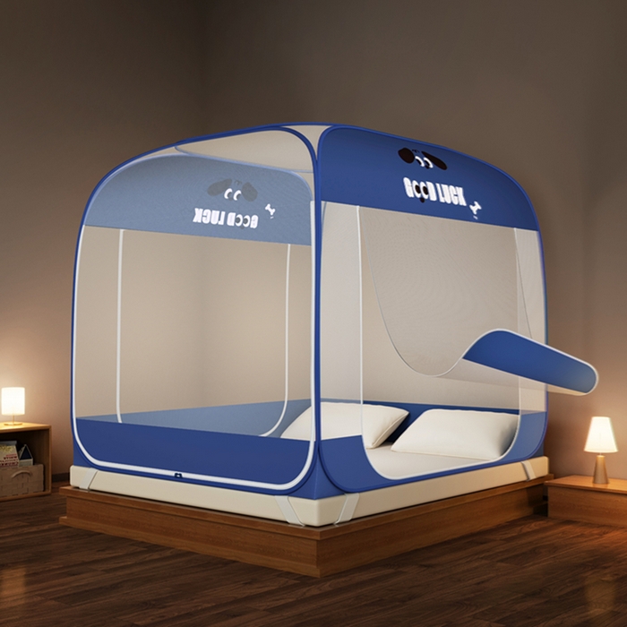 91家纺网 家纺一手货源 找家纺 青竹苑 2026新款免安装大顶魔术蚊帐三开门布三角款 小蓝狗