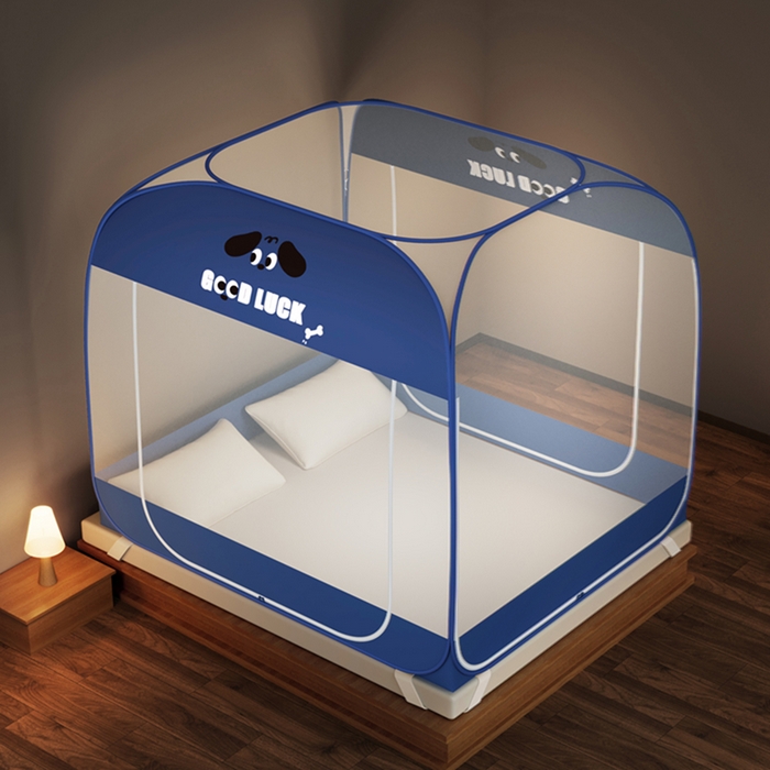 91家纺网 家纺一手货源 找家纺 青竹苑 2026新款免安装大顶魔术蚊帐三开门布三角款 小蓝狗