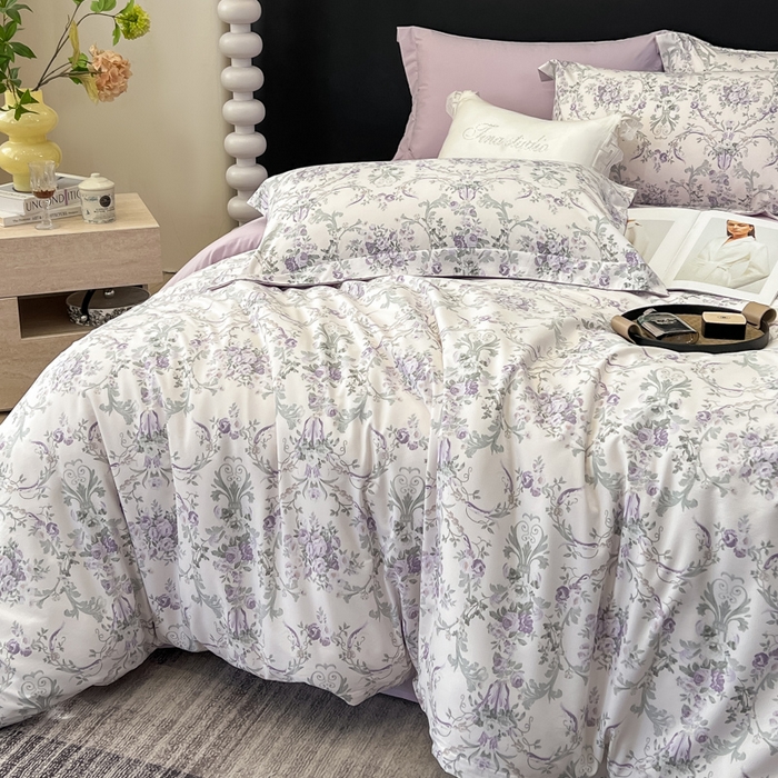 91家纺网 家纺一手货源 找家纺 繁花家居 2026凉感云丝棉高克重冰感天丝绵四件套 紫花密语