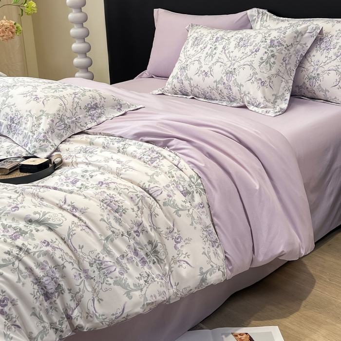 91家纺网 家纺一手货源 找家纺 繁花家居 2026凉感云丝棉高克重冰感天丝绵四件套 紫花密语