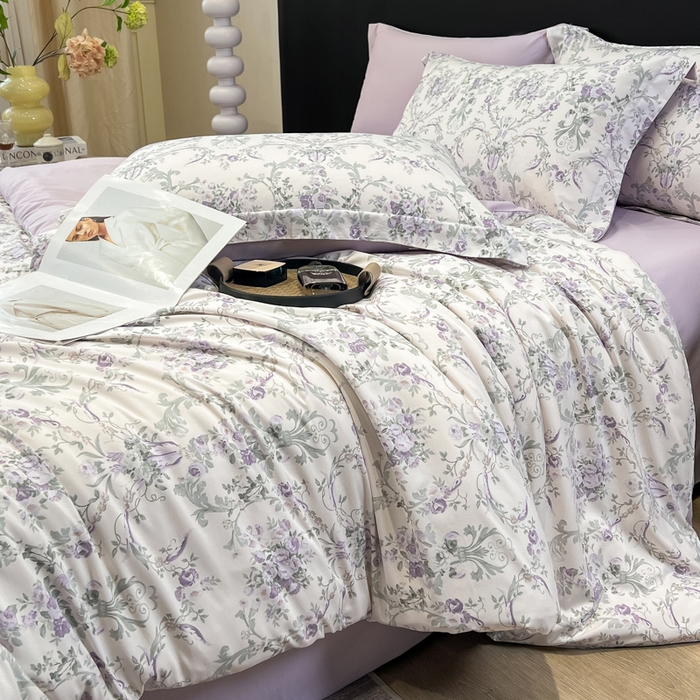 91家纺网 家纺一手货源 找家纺 繁花家居 2026凉感云丝棉高克重冰感天丝绵四件套 紫花密语