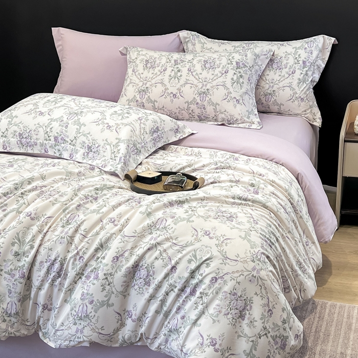 91家纺网 家纺一手货源 找家纺 繁花家居 2026凉感云丝棉高克重冰感天丝绵四件套 紫花密语