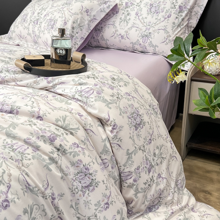 91家纺网 家纺一手货源 找家纺 繁花家居 2026凉感云丝棉高克重冰感天丝绵四件套 紫花密语