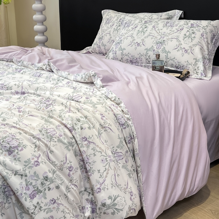 91家纺网 家纺一手货源 找家纺 繁花家居 2026凉感云丝棉高克重冰感天丝绵四件套 紫花密语