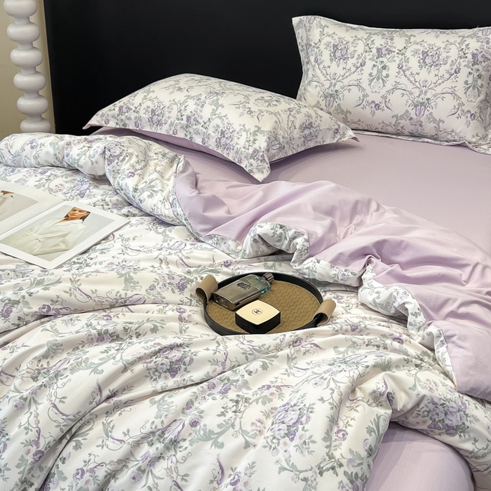 91家纺网 家纺一手货源 找家纺 繁花家居 2026凉感云丝棉高克重冰感天丝绵四件套 紫花密语
