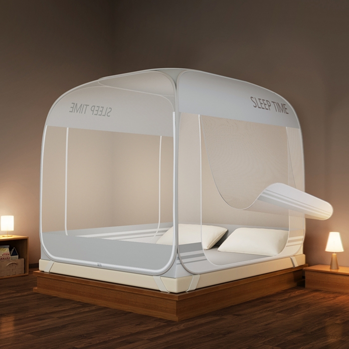 91家纺网 家纺一手货源 找家纺 青竹苑 2026新款免安装防尘顶遮光款三开门魔术蚊帐 大地灰