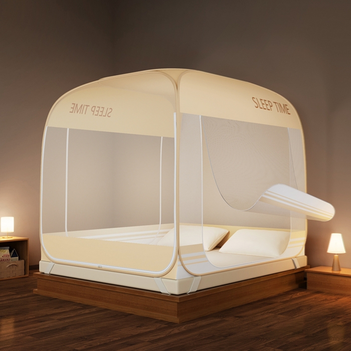 91家纺网 家纺一手货源 找家纺 青竹苑 2026新款免安装防尘顶遮光款三开门魔术蚊帐 浅米咖