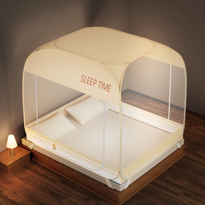 91家纺网 家纺一手货源 找家纺 青竹苑 2026新款免安装防尘顶遮光款三开门魔术蚊帐 浅米咖