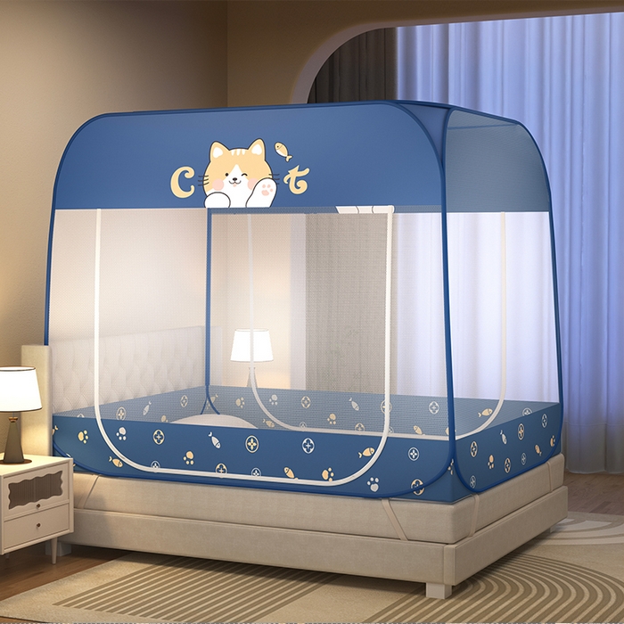 青竹苑 2026新款免安装防尘顶遮光款二开门魔术蚊帐 橘猫蓝