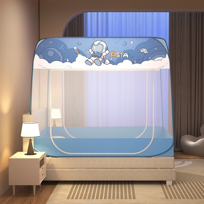 91家纺网 家纺一手货源 找家纺 青竹苑 2026新款免安装防尘顶遮光款二开门魔术蚊帐 时空宇航