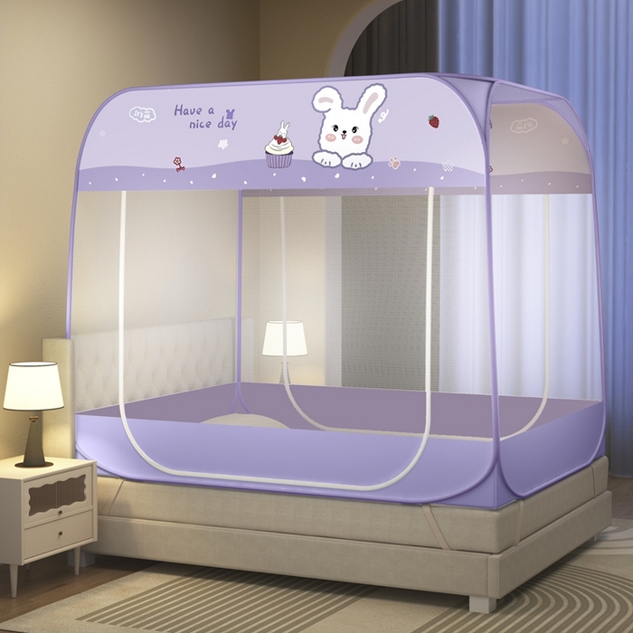 青竹苑 2026新款免安装防尘顶遮光款二开门魔术蚊帐 紫萌兔