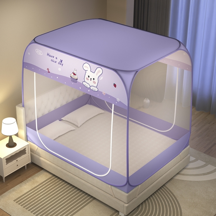 91家纺网 家纺一手货源 找家纺 青竹苑 2026新款免安装防尘顶遮光款二开门魔术蚊帐 紫萌兔