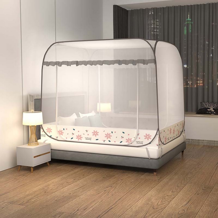 91家纺网 家纺一手货源 找家纺 青竹苑 2026新款免安装大顶花边款魔术蚊帐 初恋粉