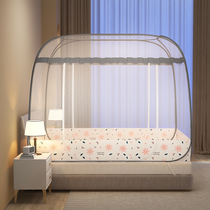 91家纺网 家纺一手货源 找家纺 青竹苑 2026新款免安装大顶花边款魔术蚊帐 初恋粉