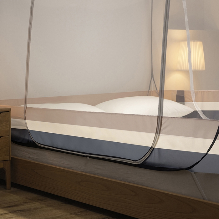 91家纺网 家纺一手货源 找家纺 青竹苑 2026新款免安装大顶花边款魔术蚊帐 条纹灰