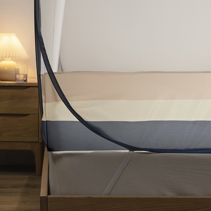 91家纺网 家纺一手货源 找家纺 青竹苑 2026新款免安装大顶花边款魔术蚊帐 条纹灰