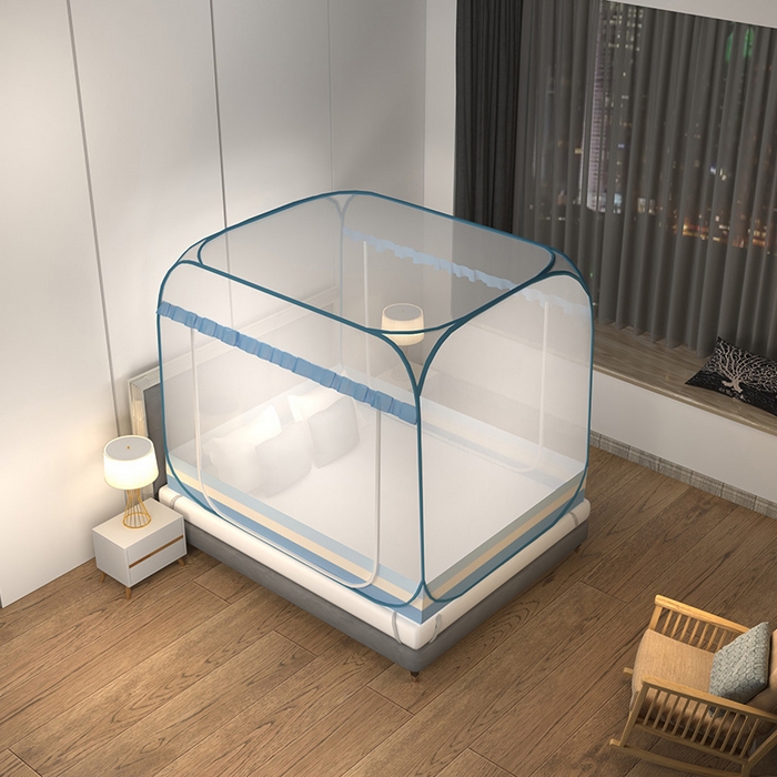 91家纺网 家纺一手货源 找家纺 青竹苑 2026新款免安装大顶花边款魔术蚊帐 条纹蓝