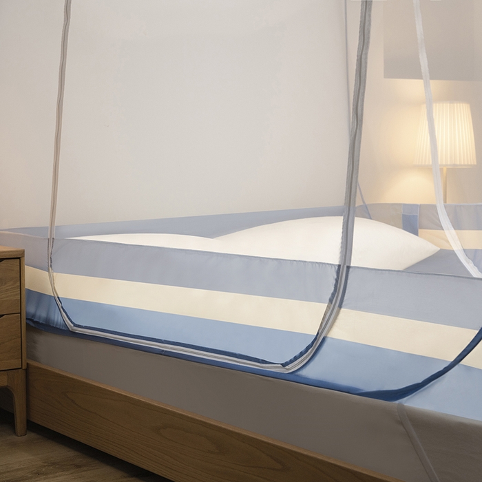 91家纺网 家纺一手货源 找家纺 青竹苑 2026新款免安装大顶花边款魔术蚊帐 条纹蓝