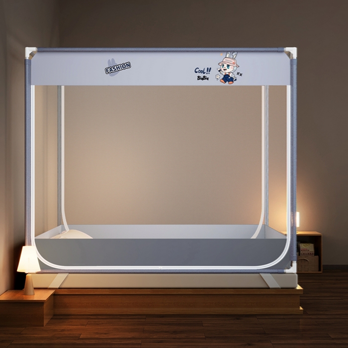 91家纺网 家纺一手货源 找家纺 青竹苑 2026新款三门全底外穿坐床式蚊帐儿童防摔防蚊拉链方帐 咘咘灰