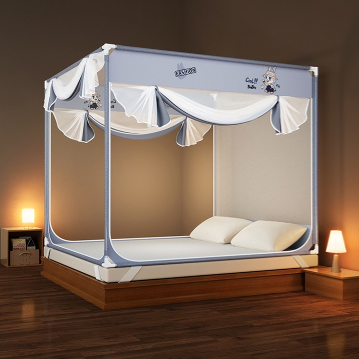 91家纺网 家纺一手货源 找家纺 青竹苑 2026新款三门全底外穿坐床式蚊帐儿童防摔防蚊拉链方帐 咘咘灰