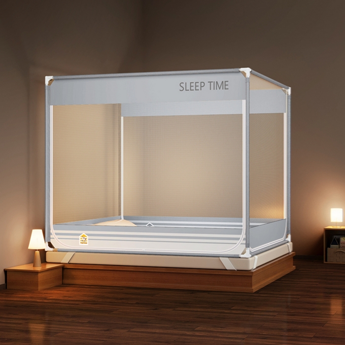 青竹苑 2026新款三门全底外穿坐床式蚊帐儿童防摔防蚊拉链方帐 大地灰