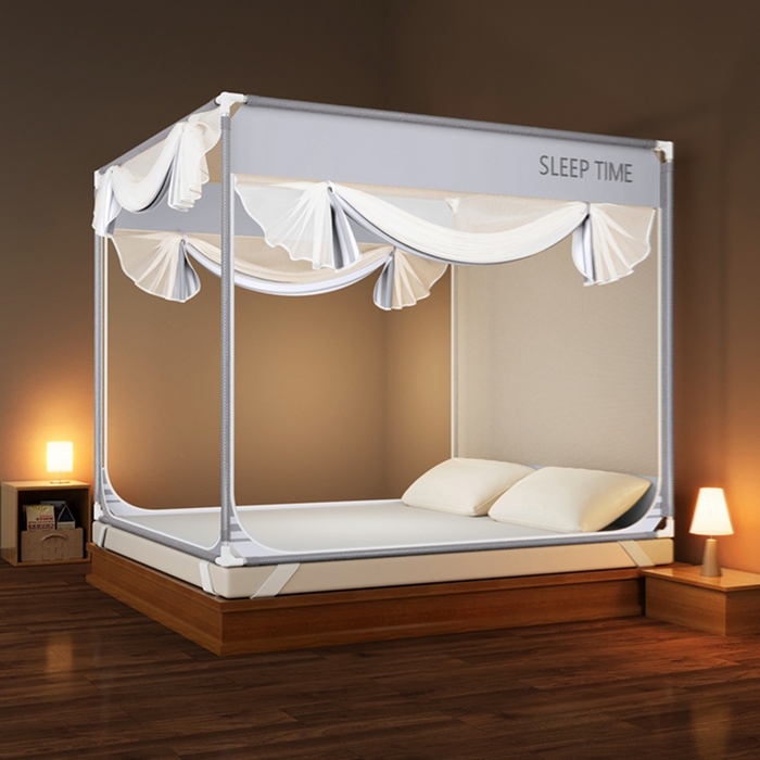 91家纺网 家纺一手货源 找家纺 青竹苑 2026新款三门全底外穿坐床式蚊帐儿童防摔防蚊拉链方帐 大地灰