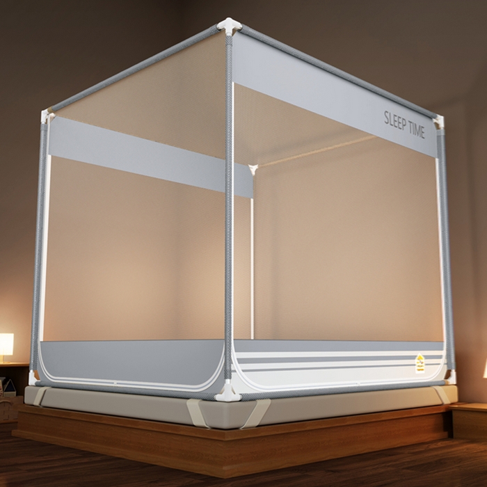 91家纺网 家纺一手货源 找家纺 青竹苑 2026新款三门全底外穿坐床式蚊帐儿童防摔防蚊拉链方帐 大地灰