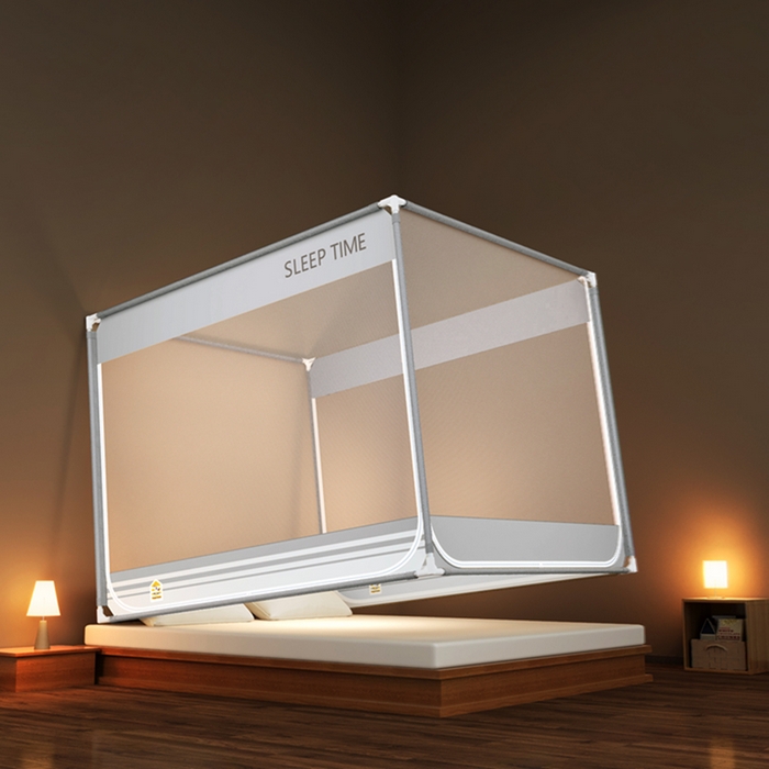 91家纺网 家纺一手货源 找家纺 青竹苑 2026新款三门全底外穿坐床式蚊帐儿童防摔防蚊拉链方帐 大地灰