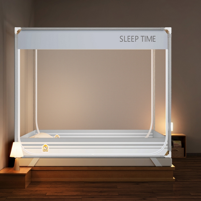 91家纺网 家纺一手货源 找家纺 青竹苑 2026新款三门全底外穿坐床式蚊帐儿童防摔防蚊拉链方帐 大地灰