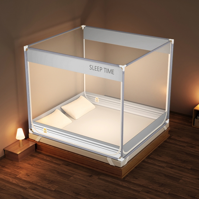 91家纺网 家纺一手货源 找家纺 青竹苑 2026新款三门全底外穿坐床式蚊帐儿童防摔防蚊拉链方帐 大地灰