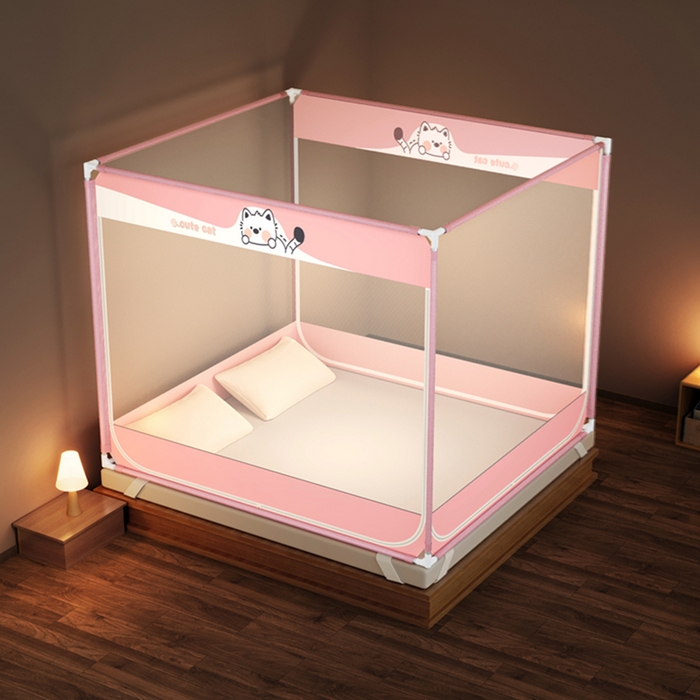 91家纺网 家纺一手货源 找家纺 青竹苑 2026新款三门全底外穿坐床式蚊帐儿童防摔防蚊拉链方帐 可可猫