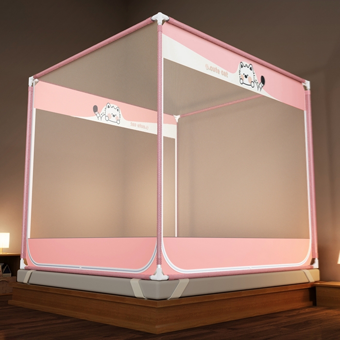 91家纺网 家纺一手货源 找家纺 青竹苑 2026新款三门全底外穿坐床式蚊帐儿童防摔防蚊拉链方帐 可可猫