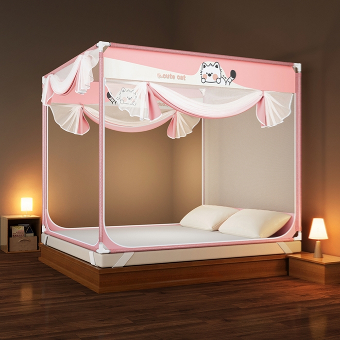 91家纺网 家纺一手货源 找家纺 青竹苑 2026新款三门全底外穿坐床式蚊帐儿童防摔防蚊拉链方帐 可可猫